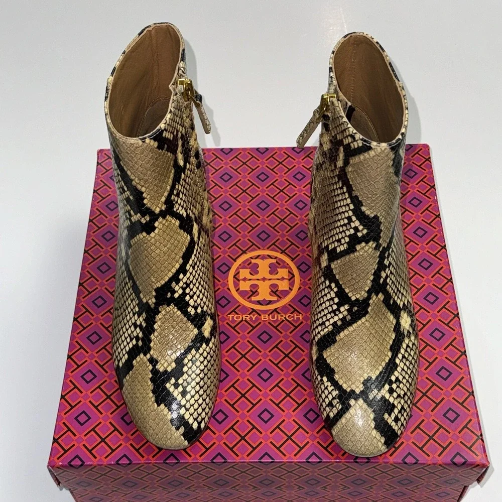 Tory Burch Brooke Bootie Ankle Boots 70MM Round Toe Leather Snake NEW Women's 6